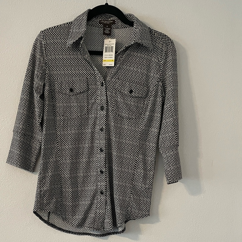 Linda Matthews Black and White Checkered Blouse Sz M NWT